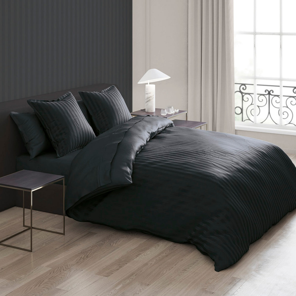 Set Of 2 Dobby Stripe Woven Cotton Satin Pillowcases - Black - Dobby Stripe Woven