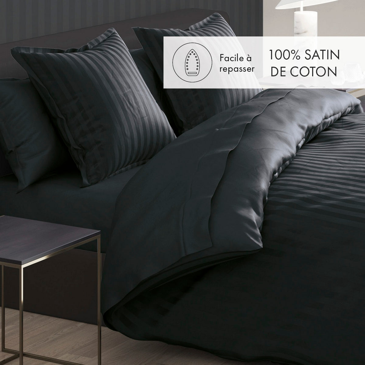Set Of 2 Dobby Stripe Woven Cotton Satin Pillowcases - Black - Dobby Stripe Woven