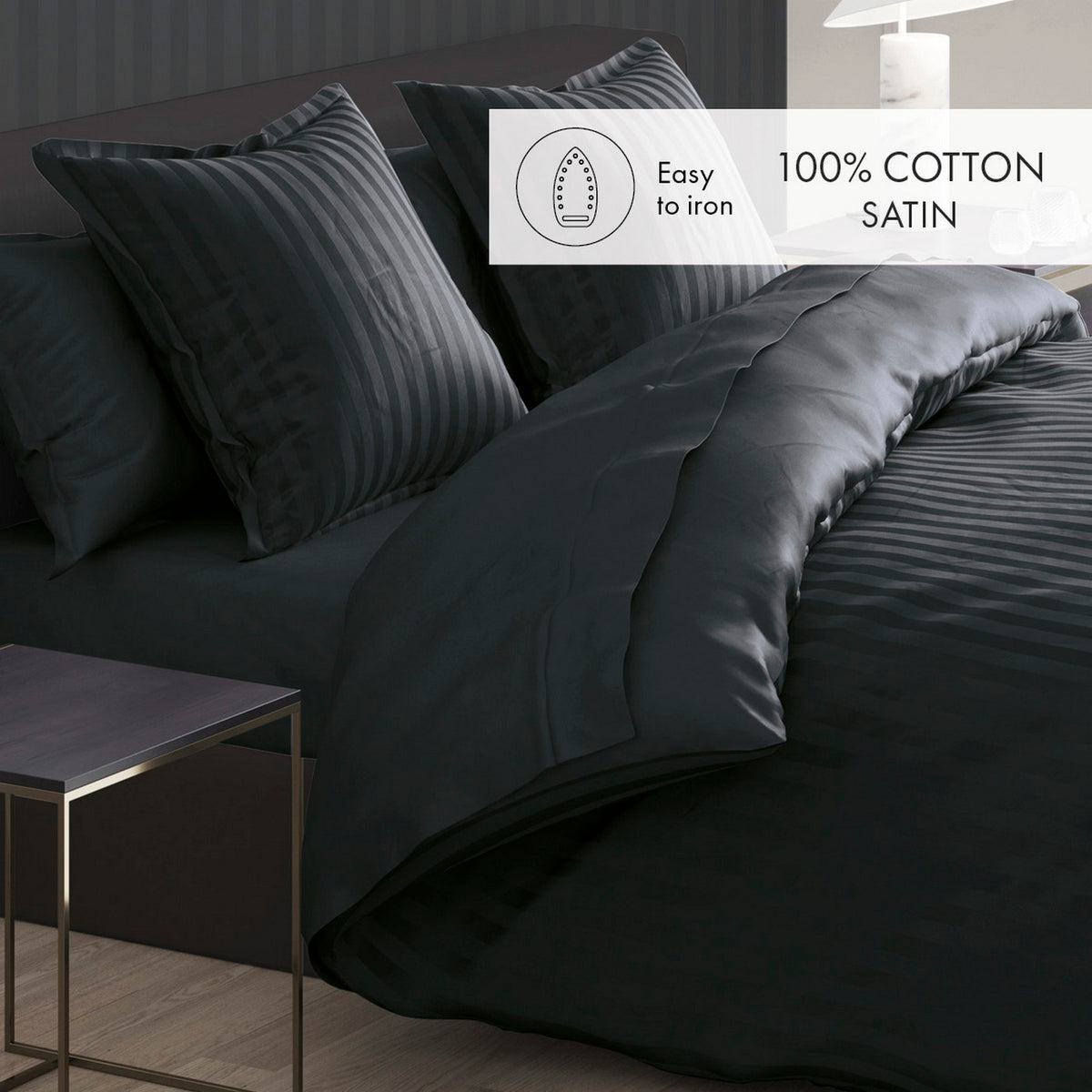 Set Of 2 Dobby Stripe Woven Cotton Satin Pillowcases - Black - Dobby Stripe Woven
