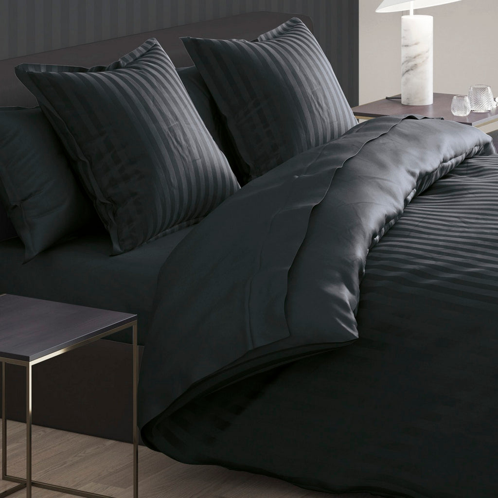 Set Of 2 Dobby Stripe Woven Cotton Satin Pillowcases - Black - Dobby Stripe Woven