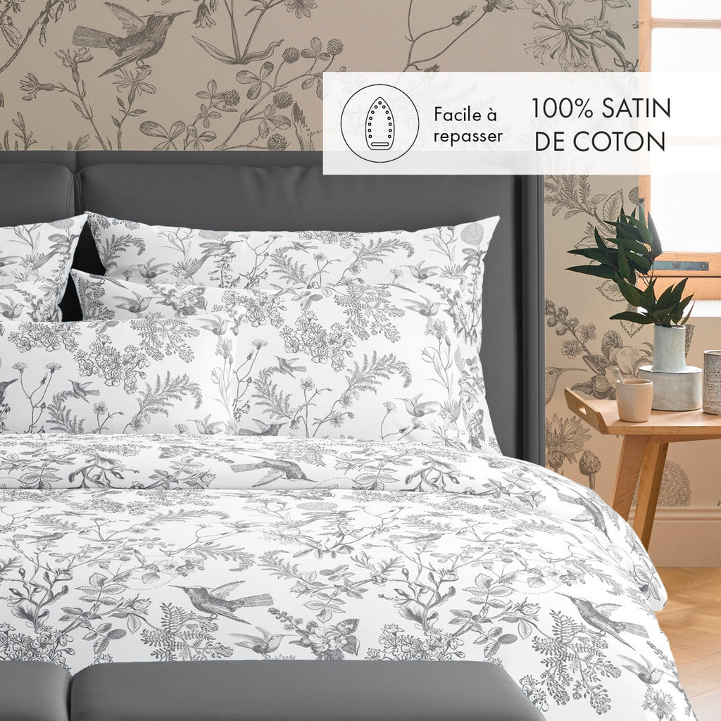 Duvet Cover + Pillowcases Cotton Satin - Black Gray - Botanical Hummingbird