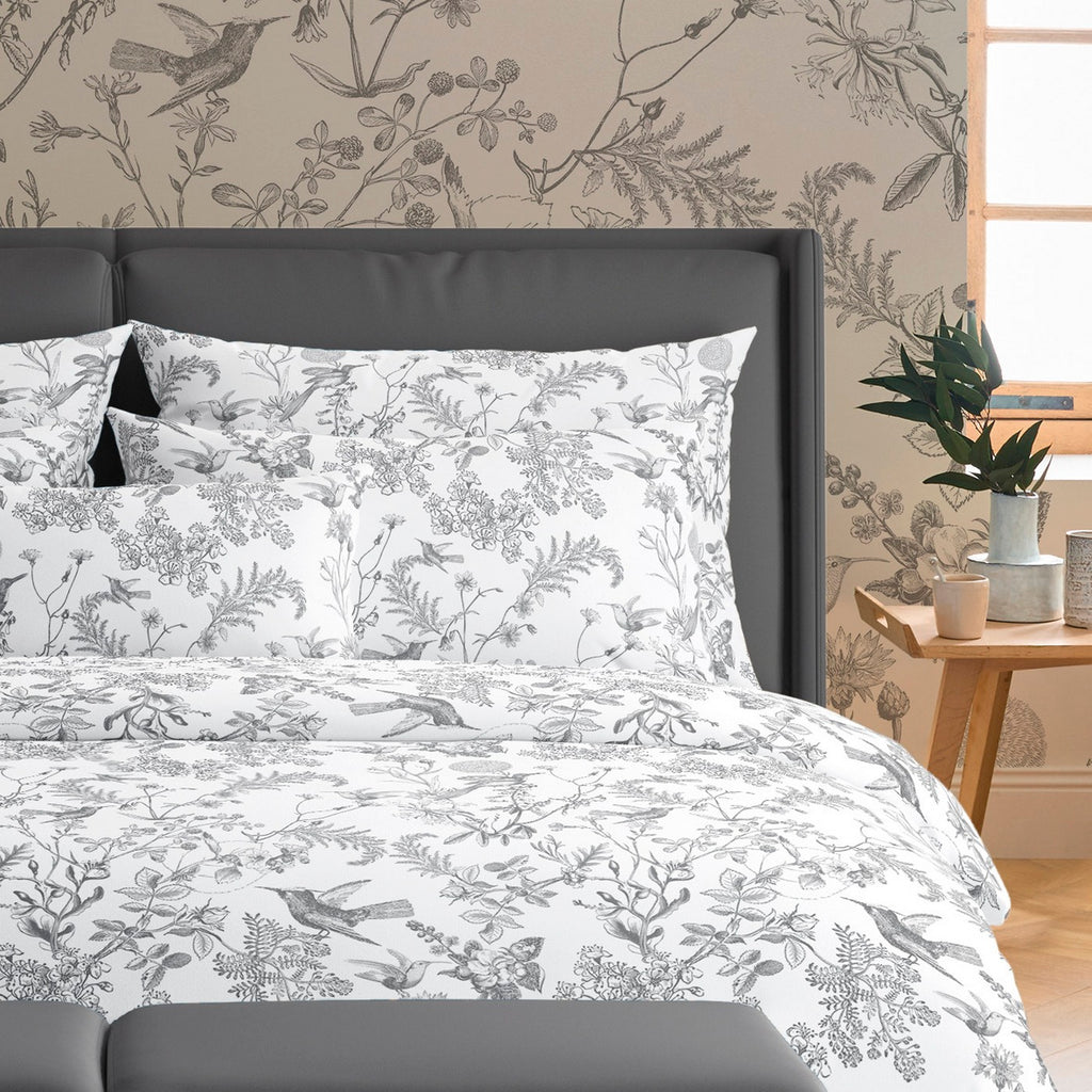 Duvet Cover + Pillowcases Cotton Satin - Black Gray - Botanical Hummingbird