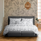 Duvet Cover + Pillowcases Cotton Satin - Black Gray - Botanical Hummingbird