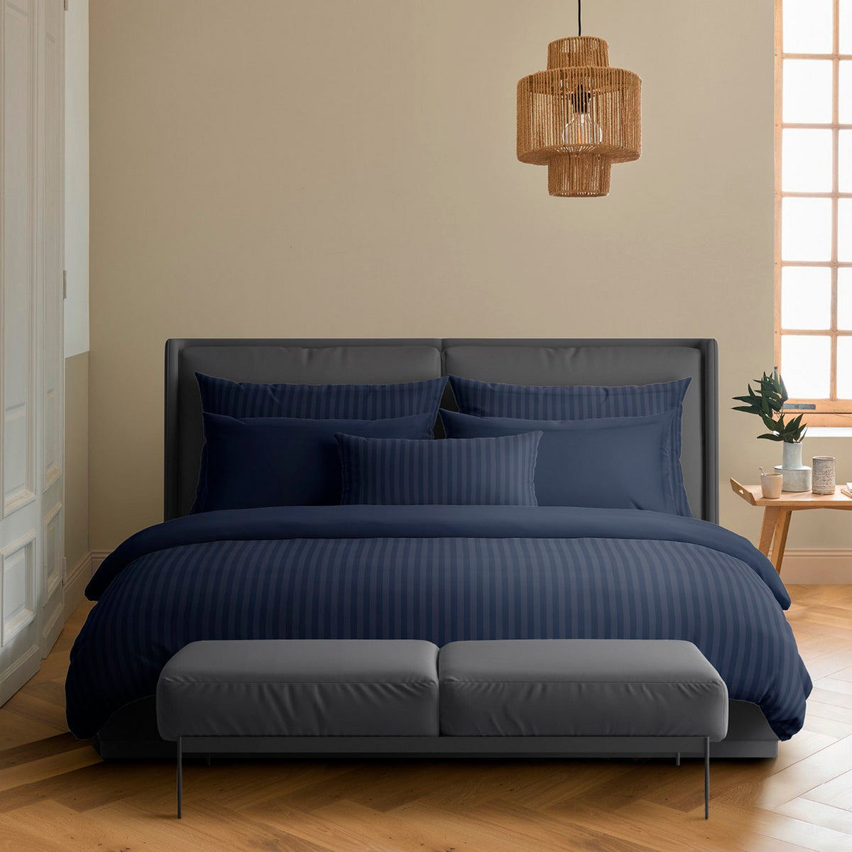Dobby Stripe Woven Cotton Sateen Duvet Cover + Pillowcases - Dark Blue - Dobby Stripe Woven