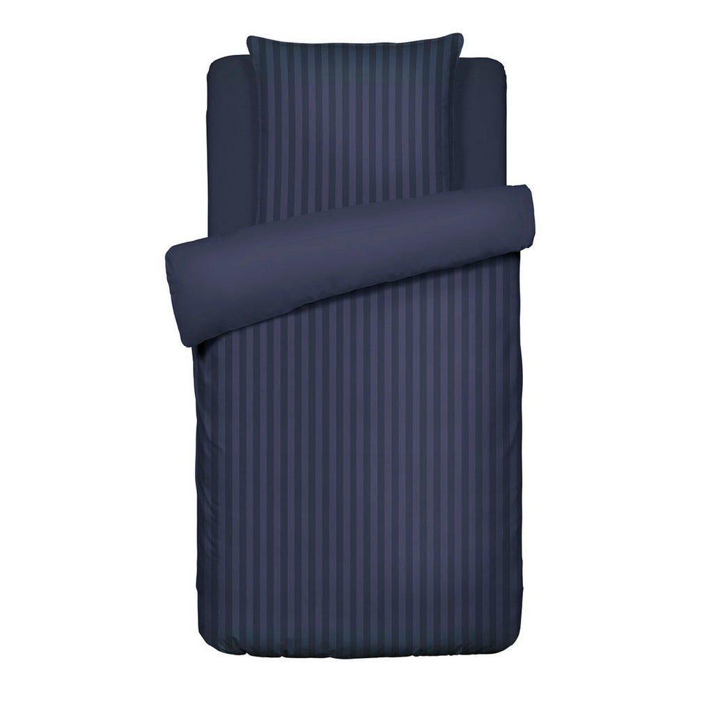 Dobby Stripe Woven Cotton Sateen Duvet Cover + Pillowcases - Dark Blue - Dobby Stripe Woven