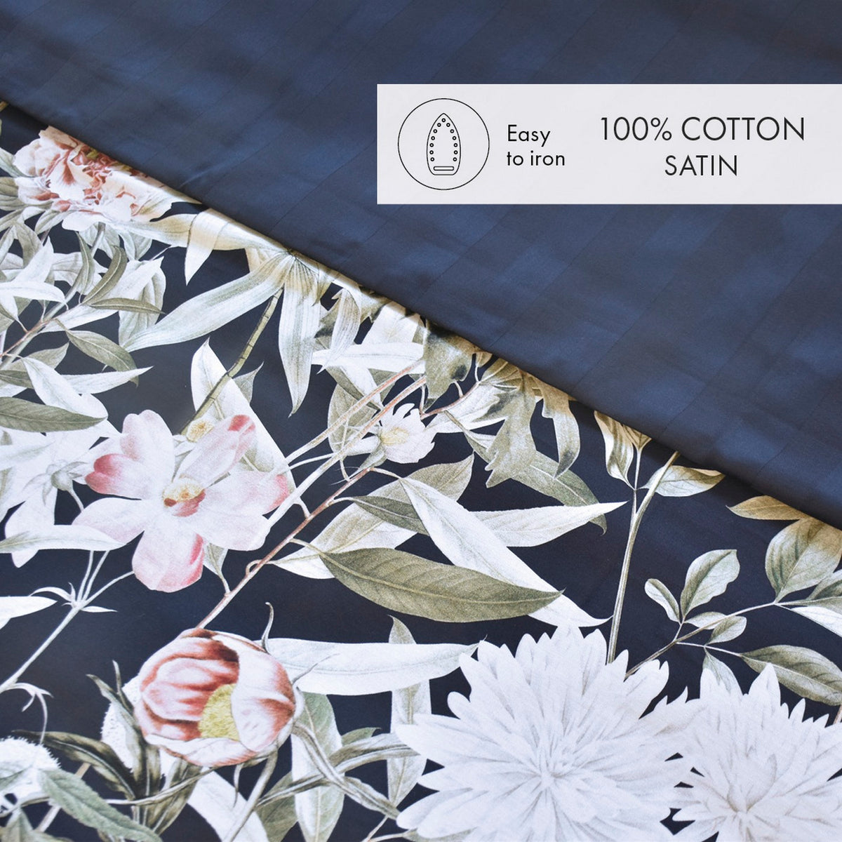 Set Of 2 Cotton Satin Pillowcases - Dark Blue - Floral Night