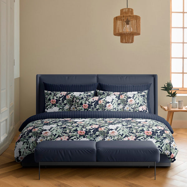 Set di 2 federe in raso di cotone - Blu scuro - Notte floreale