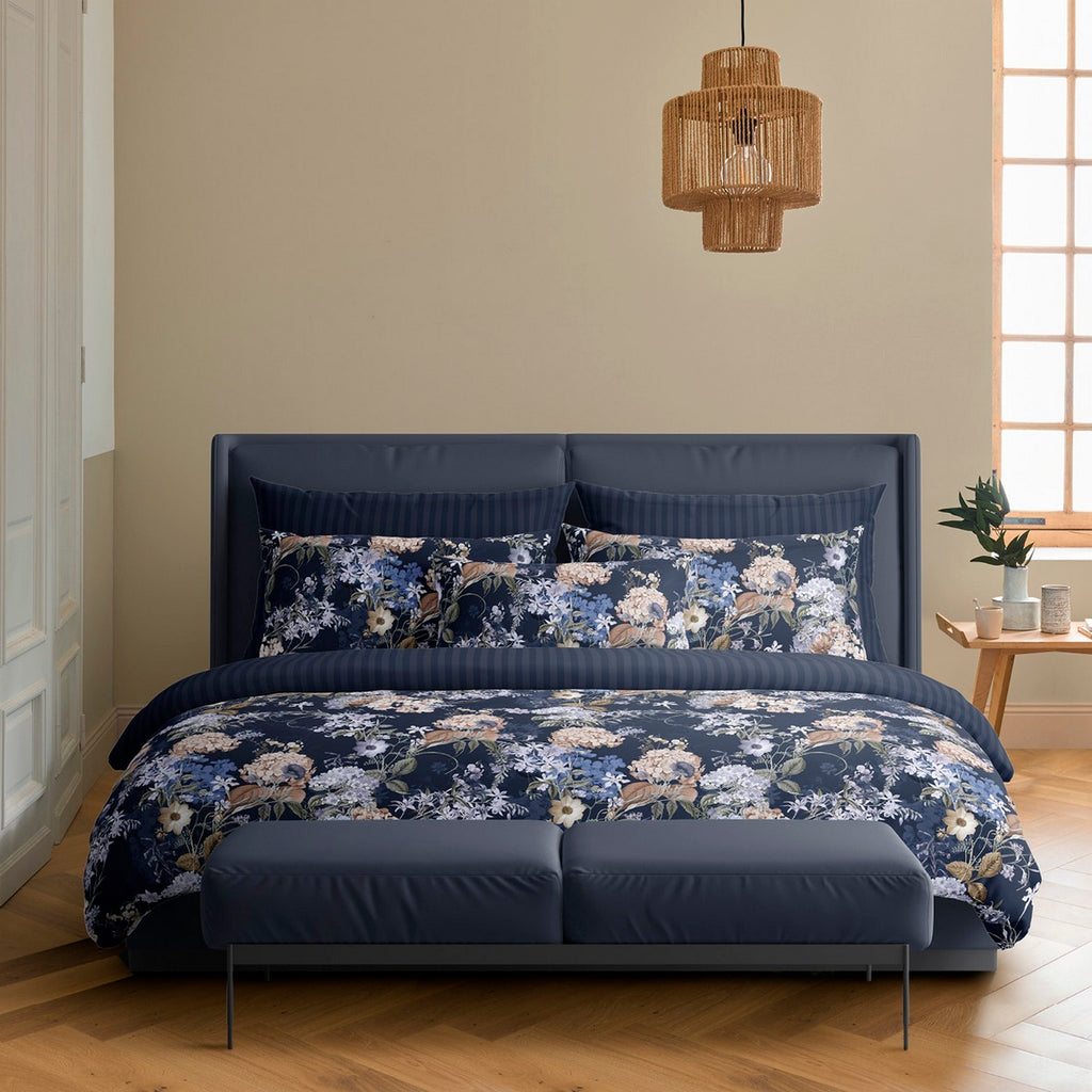 Housse De Couette + Taies D'Oreiller Satin De Coton - Bleu Foncé - Floraison D'Hortensias