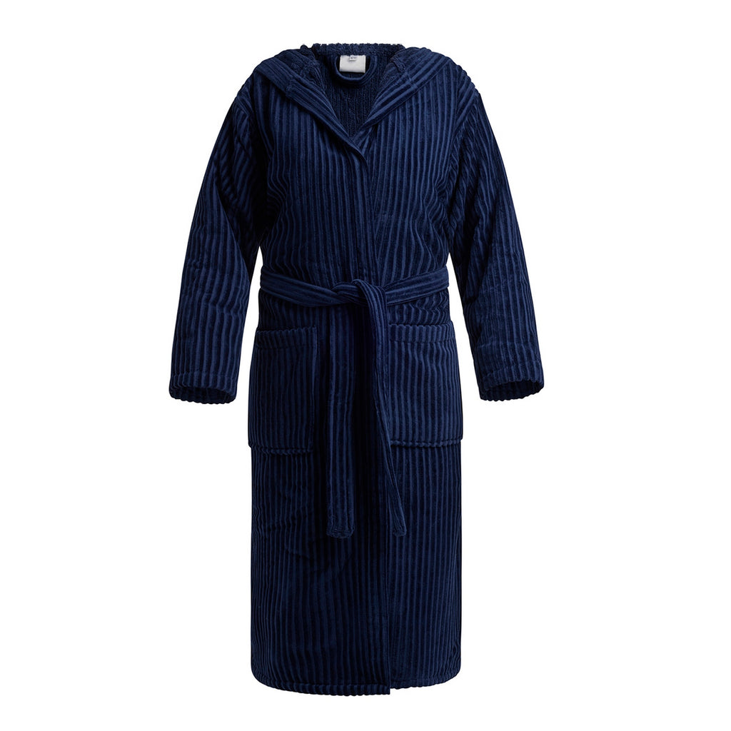 Bathrobe With Hood - Dark Blue - Jacquard Woven Stripes