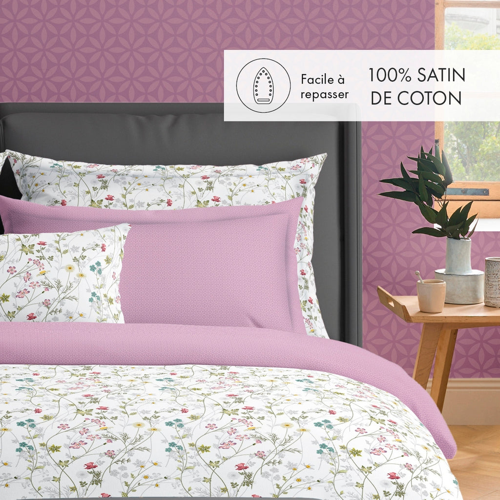 Duvet Cover + Pillowcases Cotton Satin - White / Purple - Wild Flowers