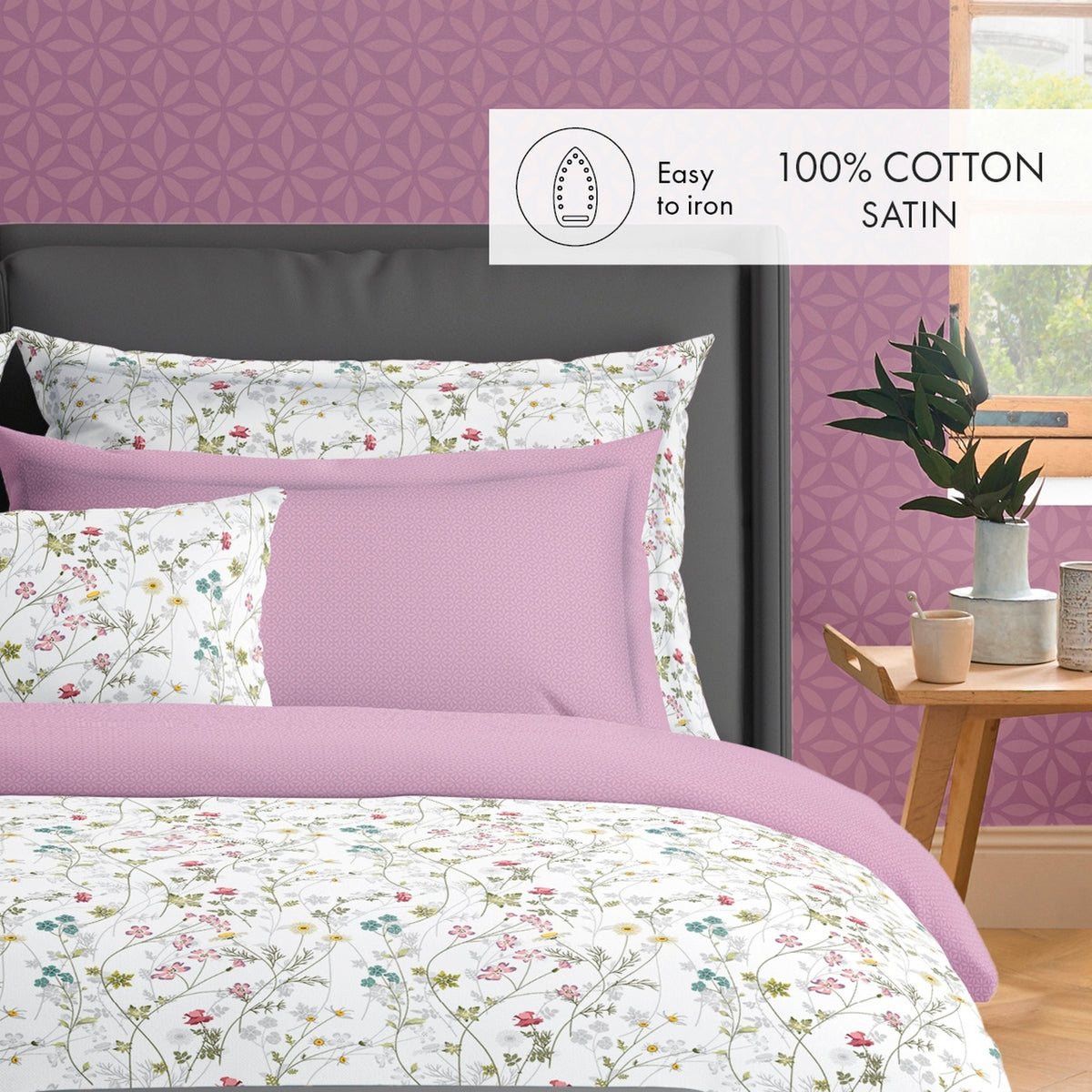 Duvet Cover + Pillowcases Cotton Satin - White / Purple - Wild Flowers