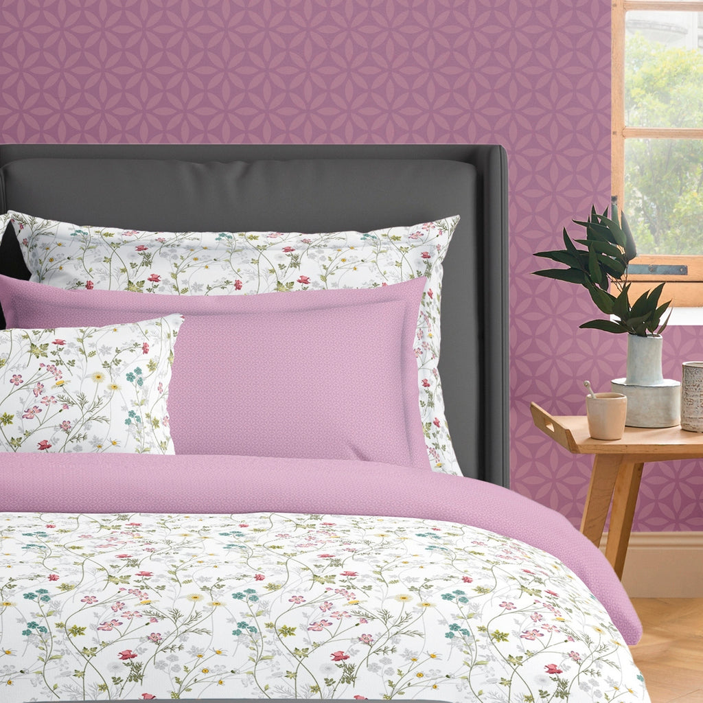 Duvet Cover + Pillowcases Cotton Satin - White / Purple - Wild Flowers