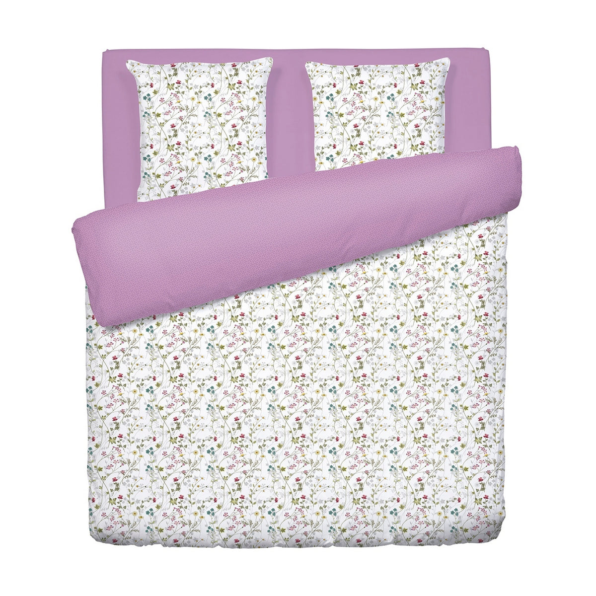 Duvet Cover + Pillowcases Cotton Satin - White / Purple - Wild Flowers