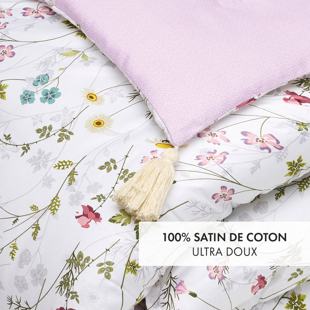 Édredon Avec Glands - Blanc / Violet - Fleurs Sauvages