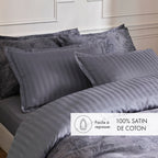Lenzuolo Piano in Raso di Cotone - Grigio Scuro - Tela Floreale