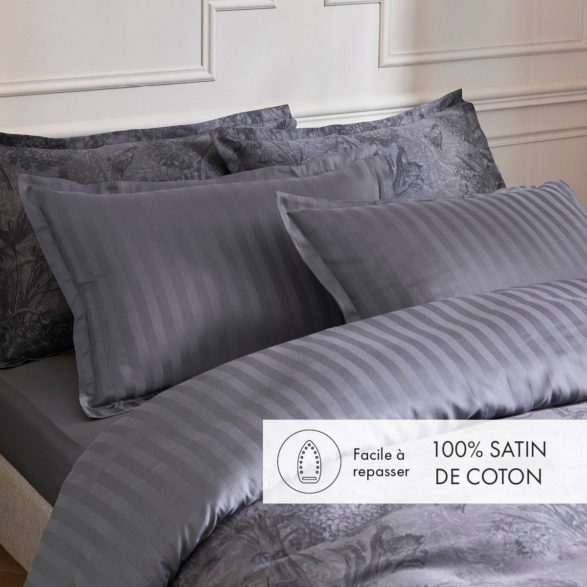 Lenzuolo Piano in Raso di Cotone - Grigio Scuro - Tela Floreale