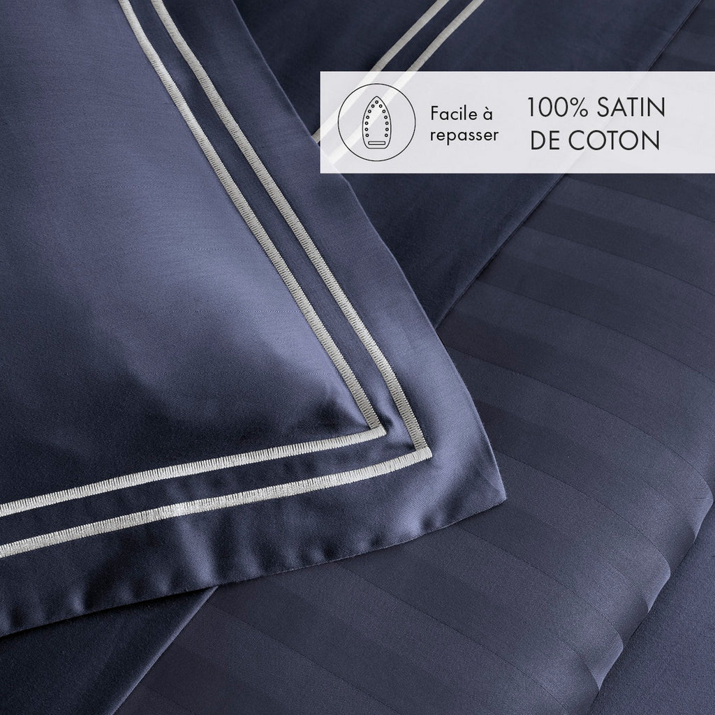Housse De Couette + Taies D'Oreiller Satin De Coton - Blanc / Bleu Foncé - Nice
