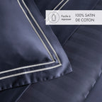 Housse De Couette + Taies D'Oreiller Satin De Coton - Blanc / Bleu Foncé - Nice