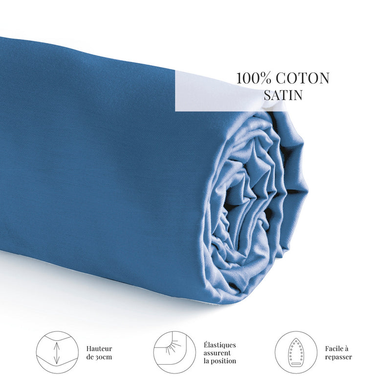 Uni - Drap-Housse - Satin De Coton - Bleu 05
