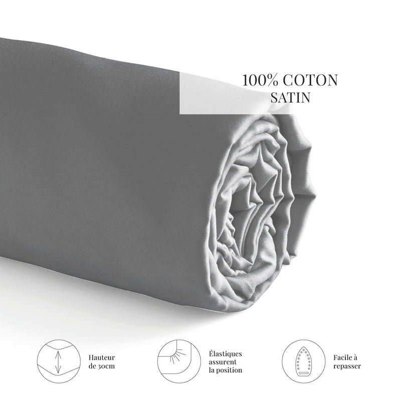 Uni - Drap-Housse - Satin De Coton - Gris 02