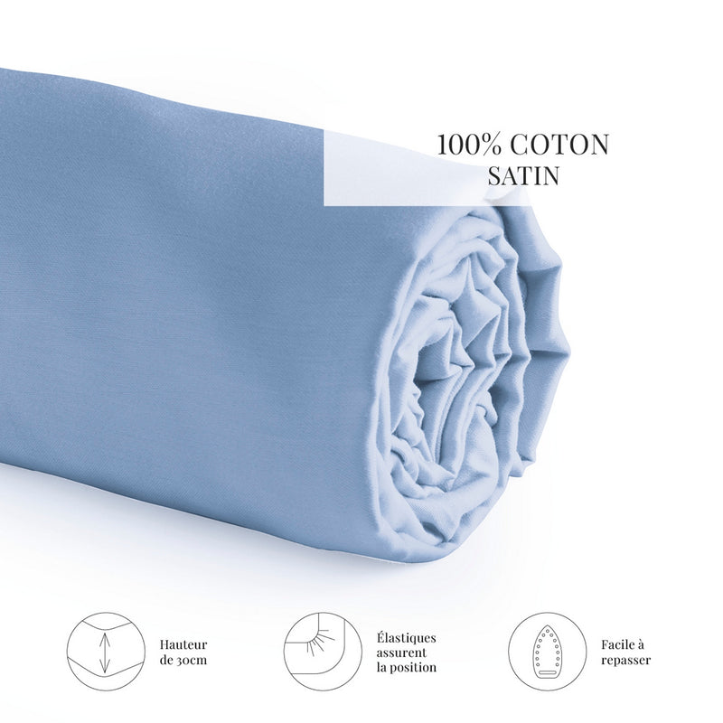 Uni - Drap-Housse - Satin De Coton - Bleu 02
