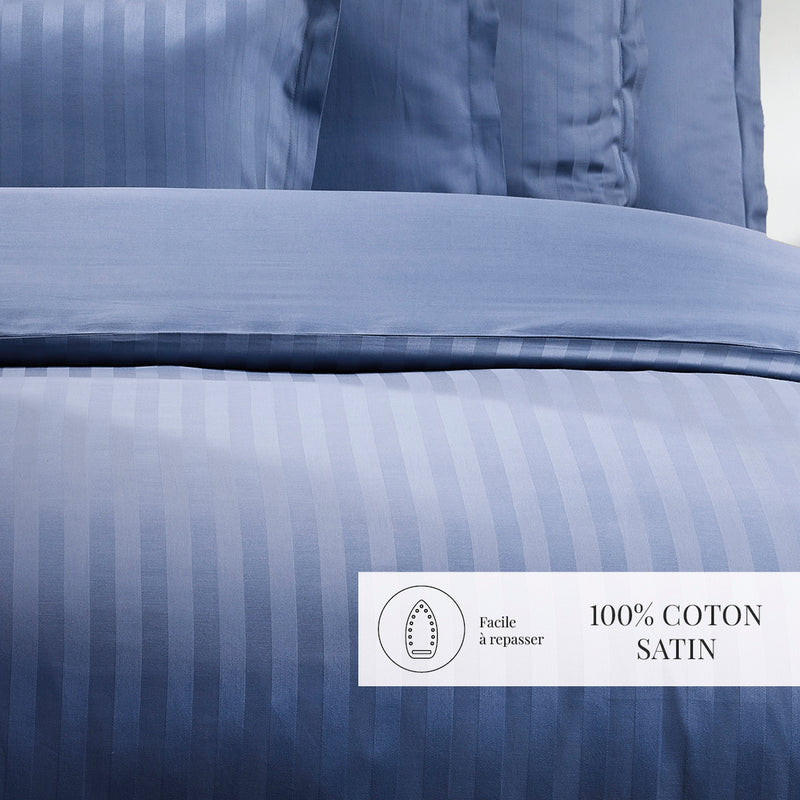Dobby Stripe Woven - Parure Housse De Couette + Taie D'Oreiller - Satin De Coton - Rayure Tissé Dobby - Bleu