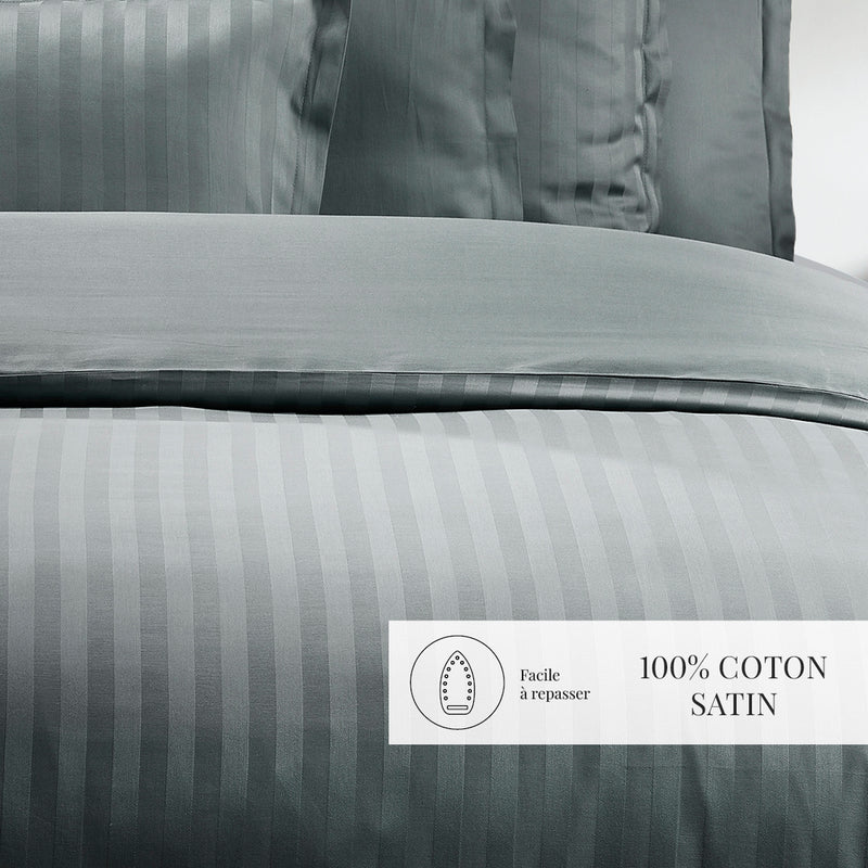 Dobby Stripe Woven - Parure Housse De Couette + Taie D'Oreiller - Satin De Coton - Rayure Tissé Dobby - Gris Foncé