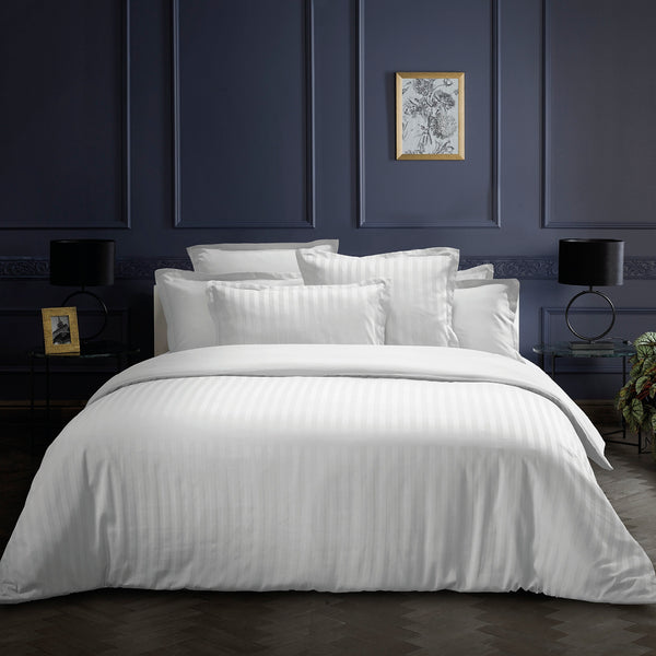 Dobby Stripe Woven - Parure Housse De Couette + 1 ou 2 Taie(s) D'Oreiller - Satin De Coton - Rayure Tissé Dobby - Blanc