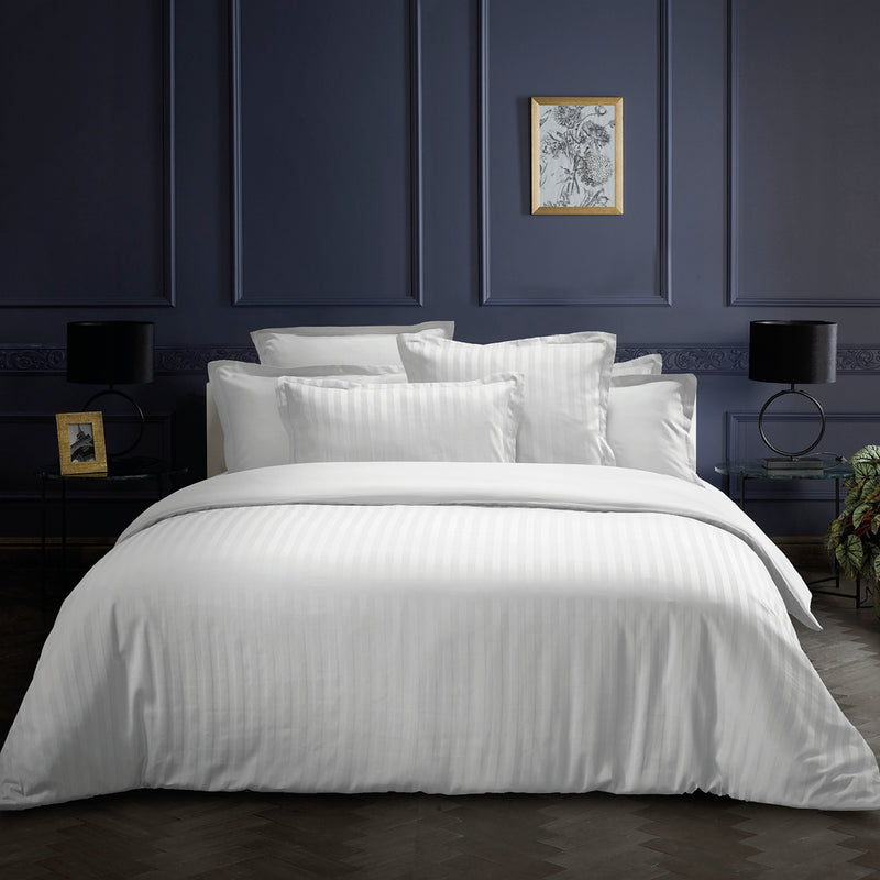 Dobby Stripe Woven - Parure Housse De Couette + 2 Taies D'Oreiller - Satin De Coton - Rayure Tissé Dobby - Blanc