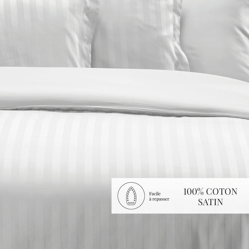 Dobby Stripe Woven - Parure Housse De Couette + 2 Taies D'Oreiller - Satin De Coton - Rayure Tissé Dobby - Blanc