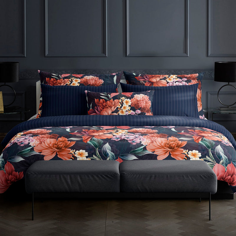 Fleur De Miel - Housse De Couette + Taie D'Oreiller - Satin De Coton - Bleu Foncé