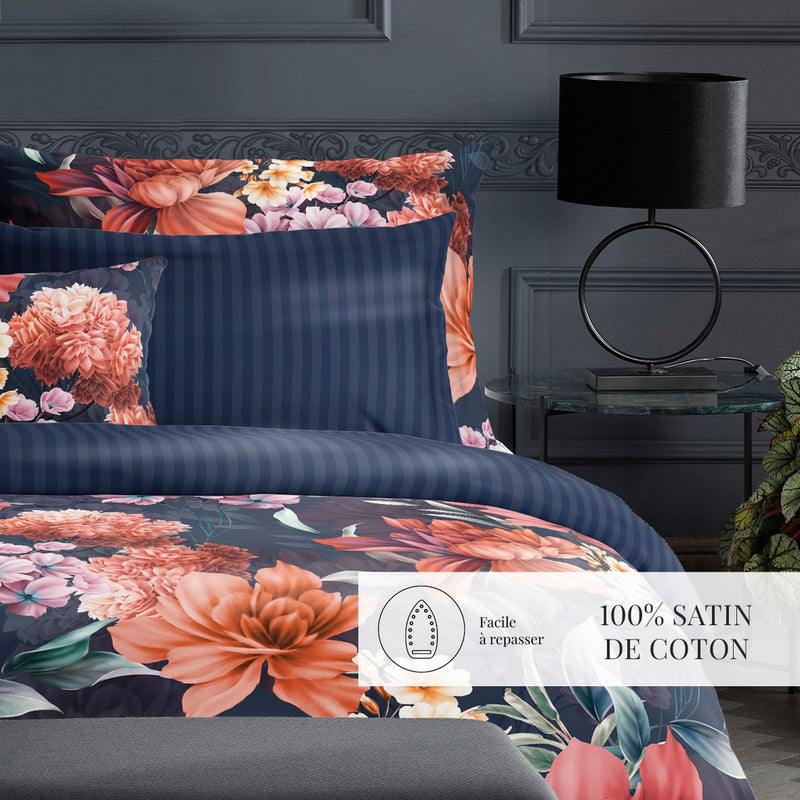 Fleur De Miel - Taie D'Oreiller - Satin De Coton - Bleu Foncé