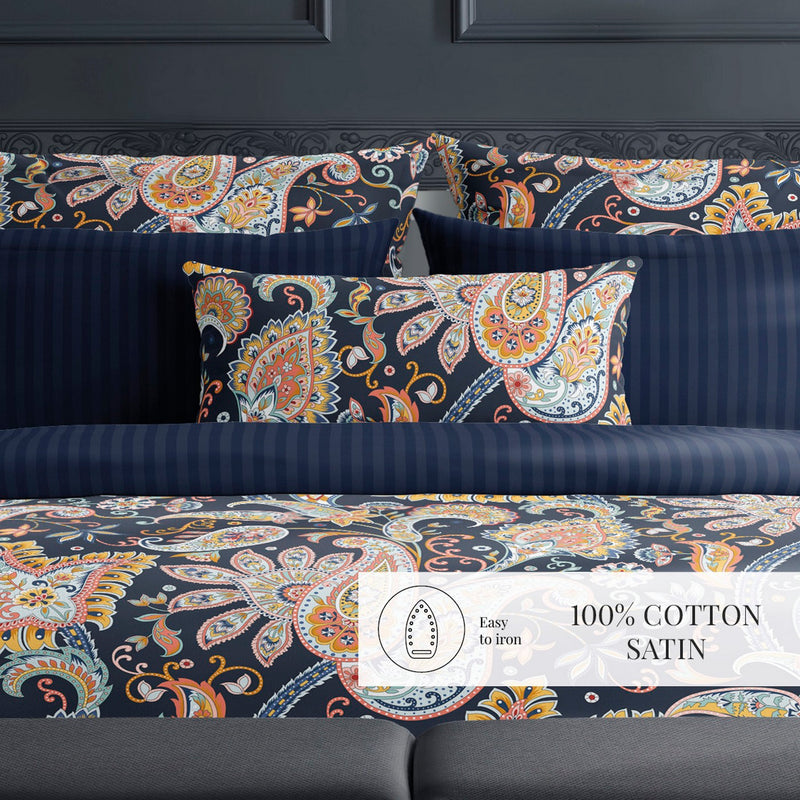 Indienne - Housse De Couette + Taie D'Oreiller - Satin De Coton - Bleu Foncé / Doré