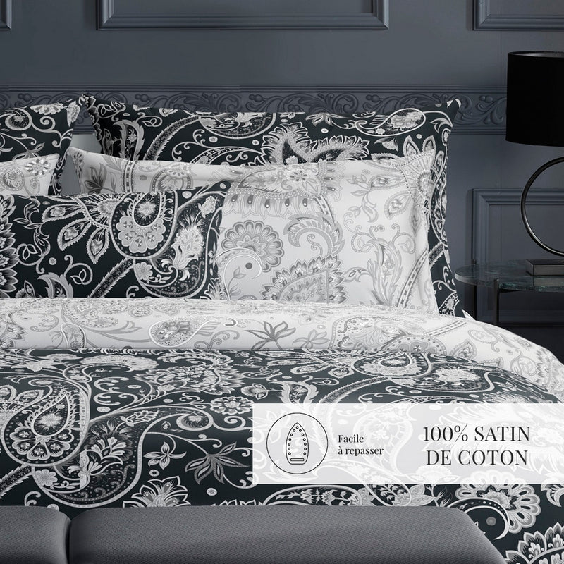 Indienne - Housse De Couette + Taie D'Oreiller - Satin De Coton - Noir