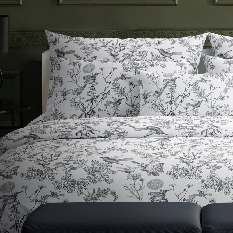 Colibri Floral - Drap Plat - Satin De Coton - Noir Gris