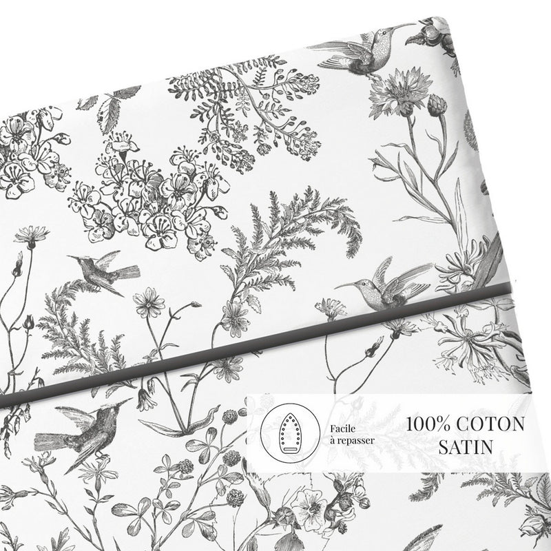 Colibri Floral - Drap Plat - Satin De Coton - Noir Gris