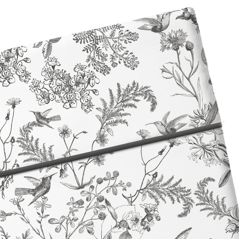 Colibri Floral - Drap Plat - Satin De Coton - Noir Gris