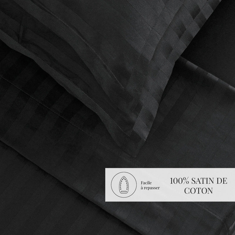 Dobby Stripe Woven - Ensemble De Draps - Satin De Coton - Rayure Tissé Dobby - Noir