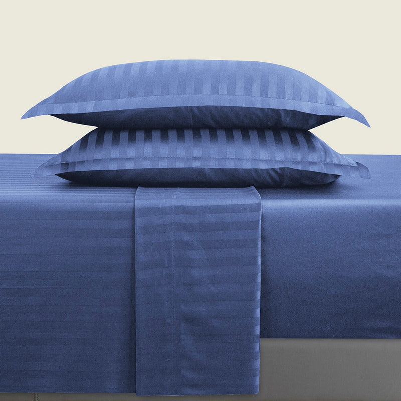 Dobby Stripe Woven - Ensemble De Draps - Satin De Coton - Rayure Tissé Dobby - Bleu