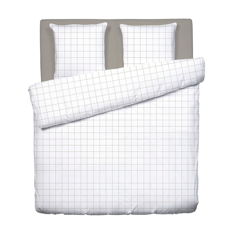 Carreaux - Housse De Couette + Taie D'Oreiller - Satin De Coton - Blanc / Taupe