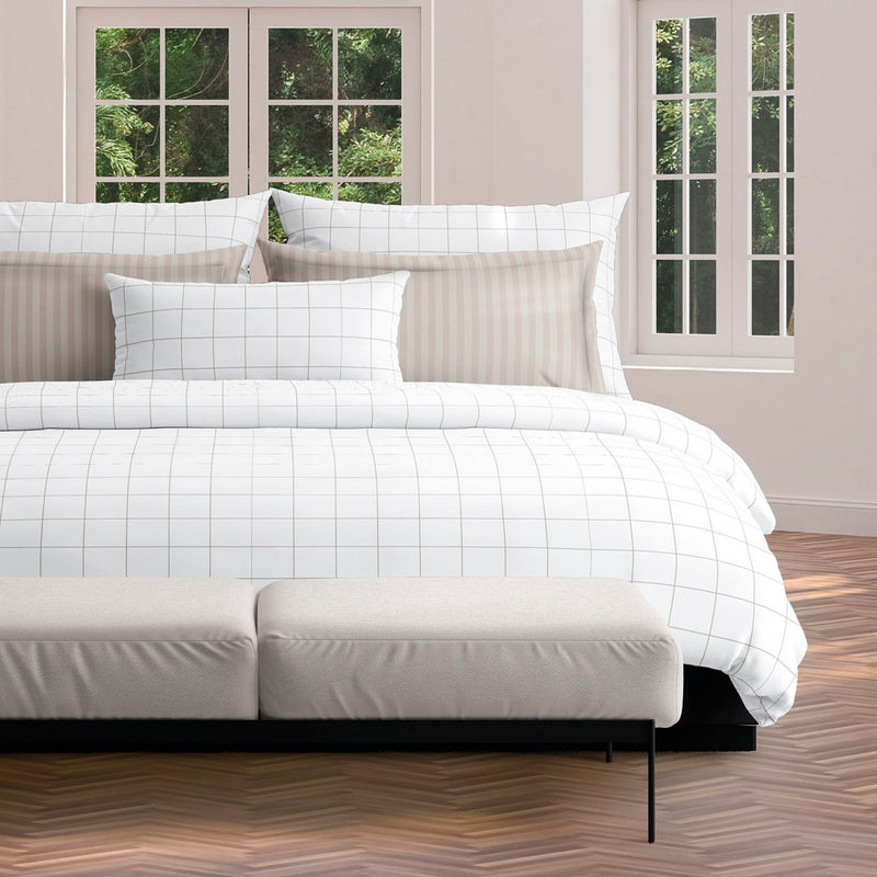 Carreaux - Housse De Couette + Taie D'Oreiller - Satin De Coton - Blanc / Taupe