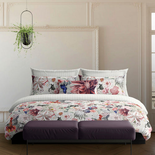 Fleurs Éclatantes - Housse De Couette + Taie D'Oreiller - Satin De Coton - Blanc