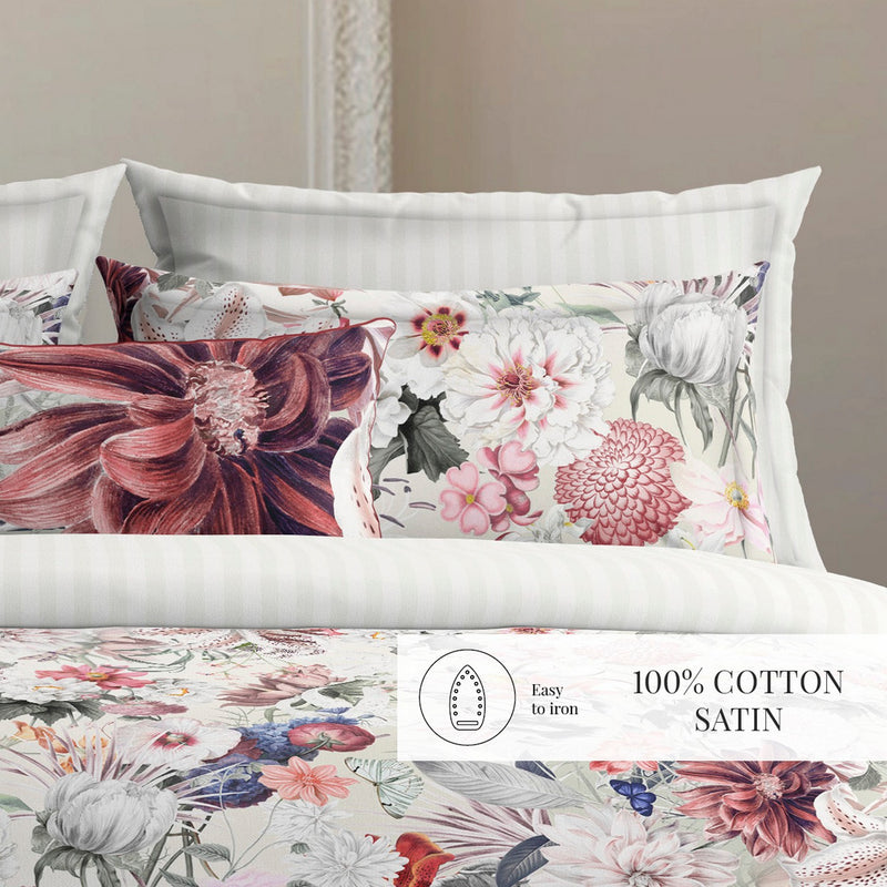 Fleurs Éclatantes - Housse De Couette + Taie D'Oreiller - Satin De Coton - Blanc