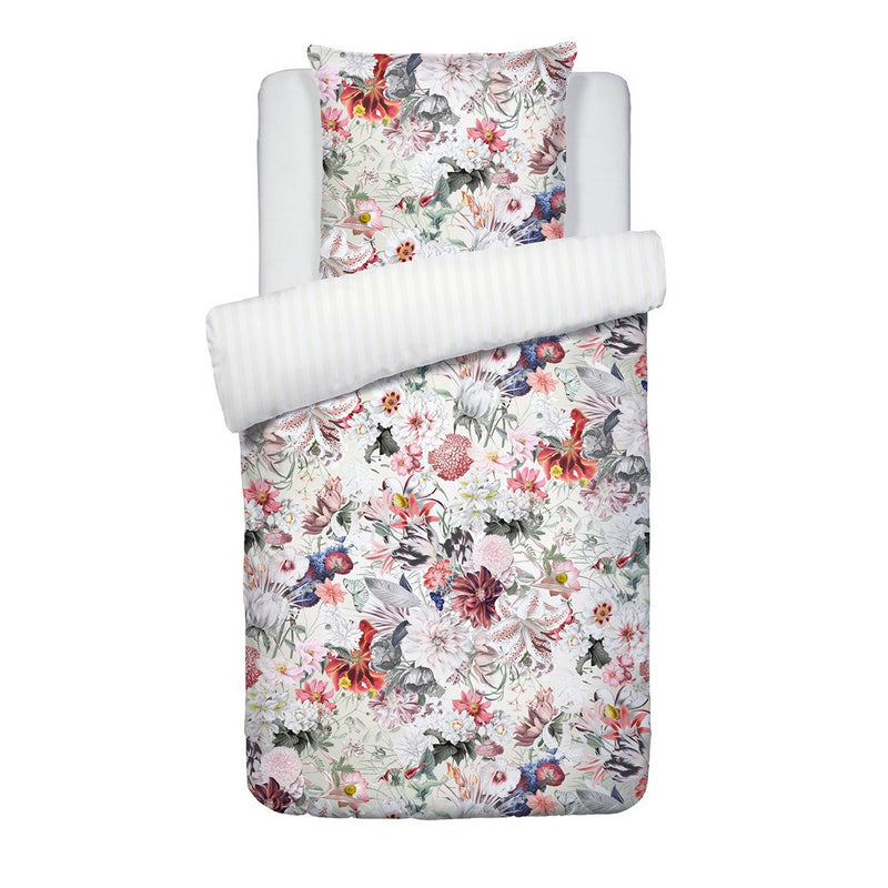 Fleurs Éclatantes - Housse De Couette + Taie D'Oreiller - Satin De Coton - Blanc