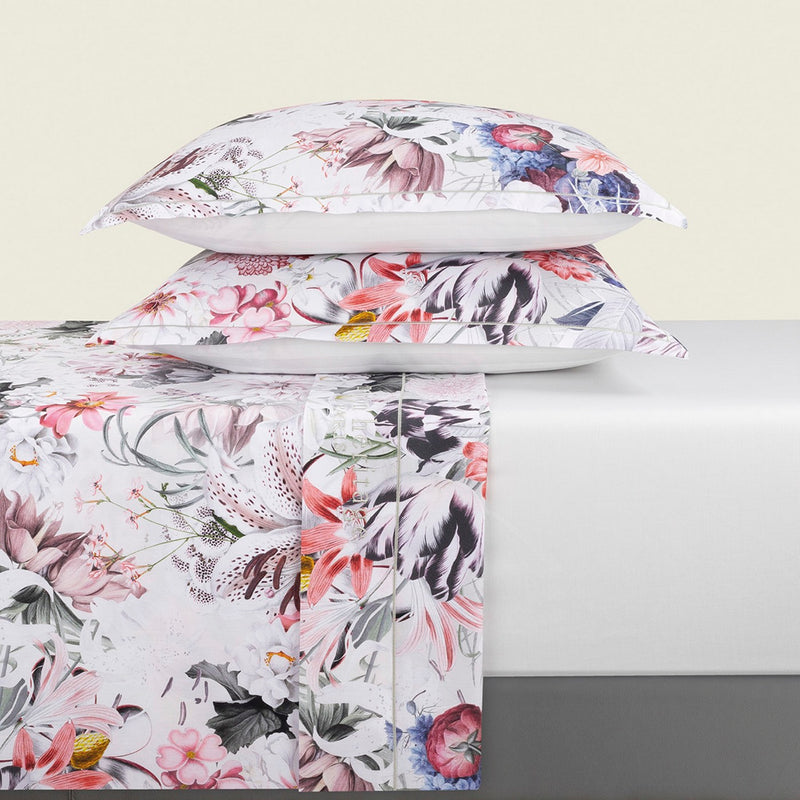 Fleurs Éclatantes - Ensemble De Draps - Satin De Coton - Blanc