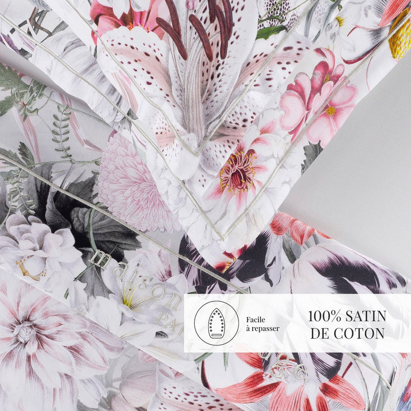 Fleurs Éclatantes - Ensemble De Draps - Satin De Coton - Blanc