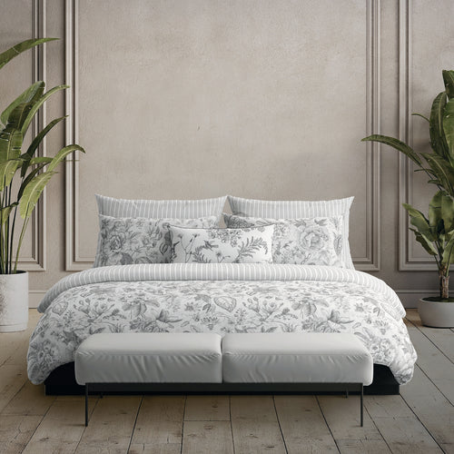 Fleurs Esquissées - Housse De Couette + Taie D'Oreiller - Satin De Coton - Blanc