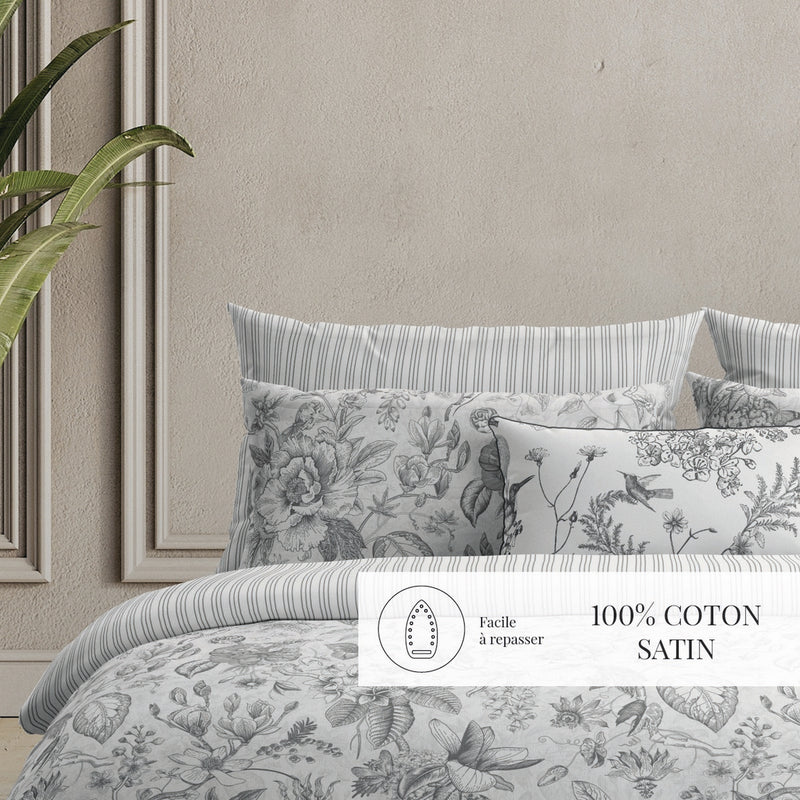 Fleurs Esquissées - Housse De Couette + Taie D'Oreiller - Satin De Coton - Blanc
