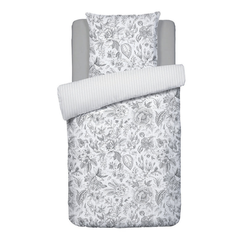 Fleurs Esquissées - Housse De Couette + Taie D'Oreiller - Satin De Coton - Blanc