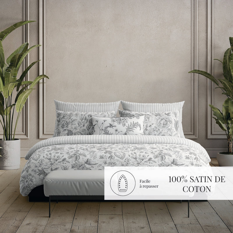 Fleurs Esquissées - Drap Plat - Satin De Coton - Gris
